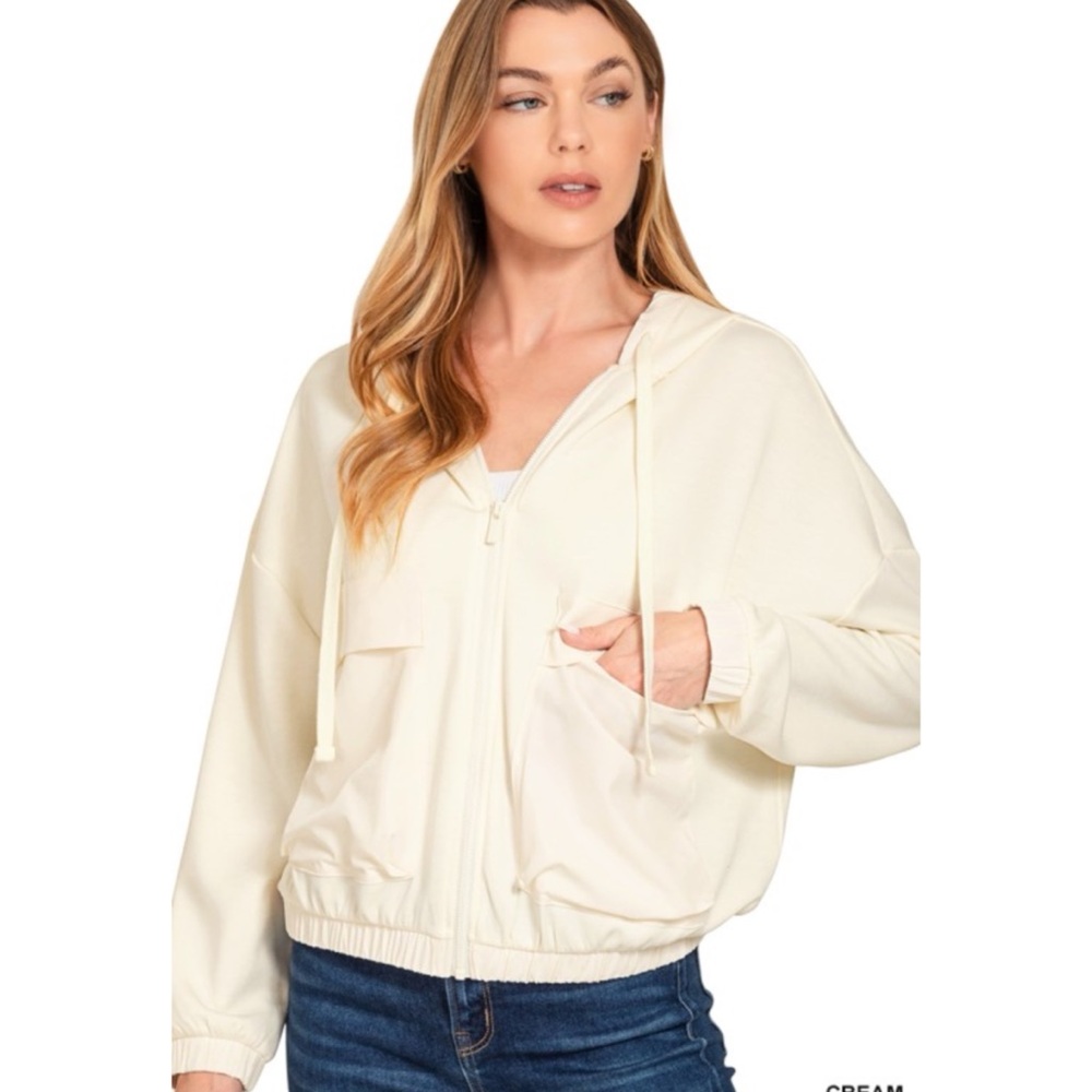 Cream Zip-Up Hooded Jacket for Women